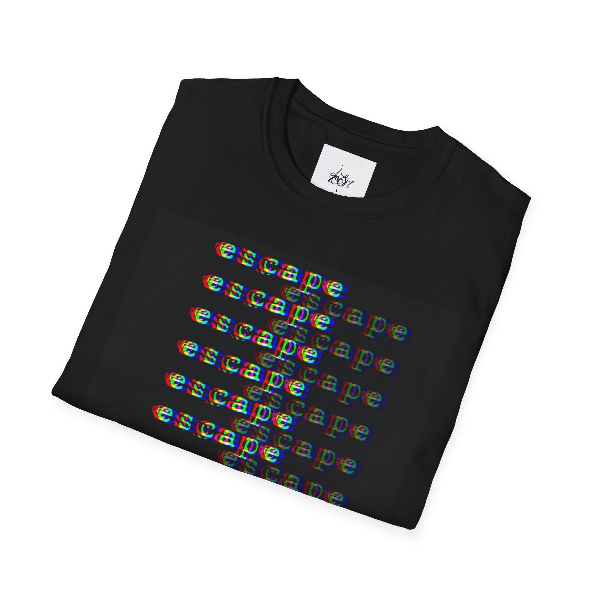 Graphic T-Shirt — "escape" Glitch Front & Abstract Monochrome Back